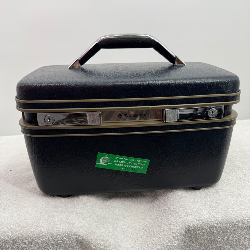 Vtg Samsonite Train Case Makeup Box Black Hard Shell Travel Luggage w/ Keys